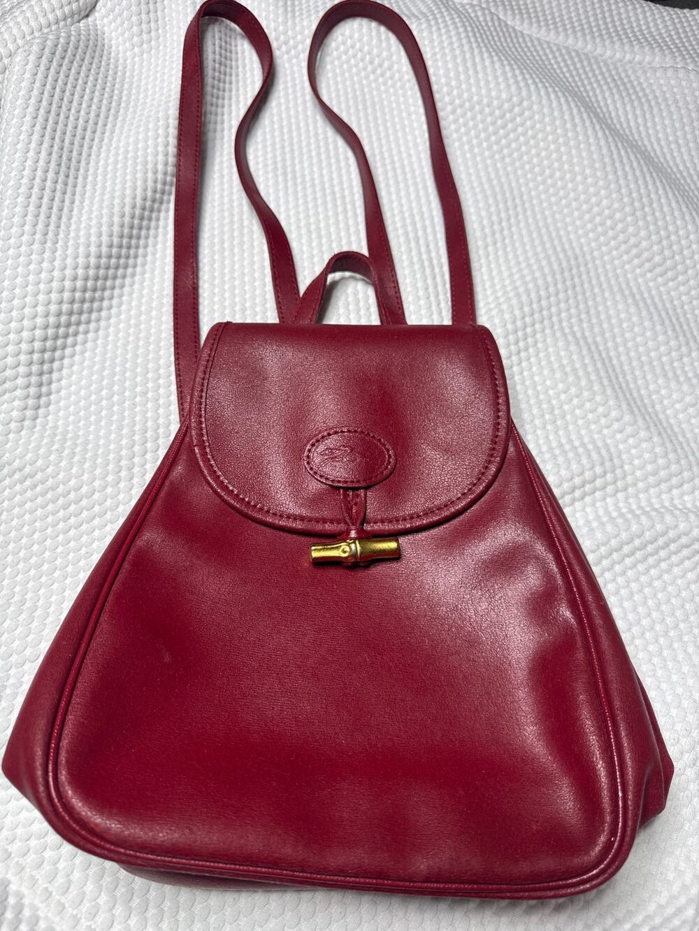 VTG 1990s Longchamp Burgundy Leather Backpack – Gold Bamboo Toggle (Rare Find)